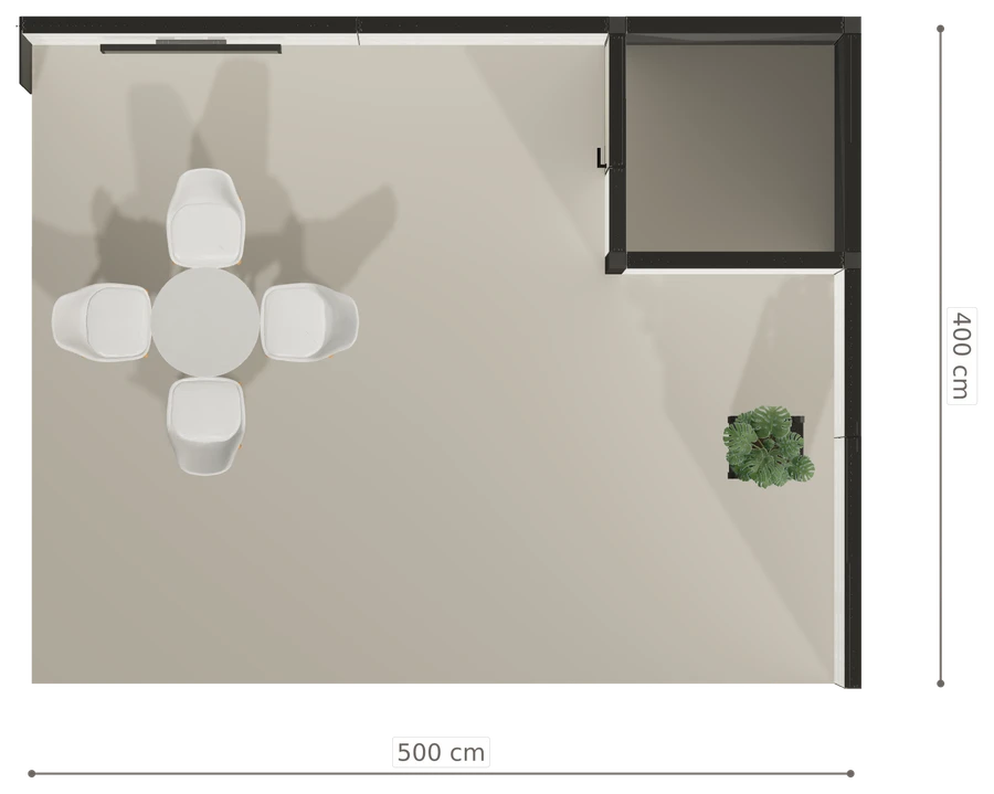Rzut z góry stoiska stoisko narozne prawe 5x4 m100 led  z zapleczem z2 r0 s0 l0 e1 p0 w0 m0 g0 a4 v2 o2