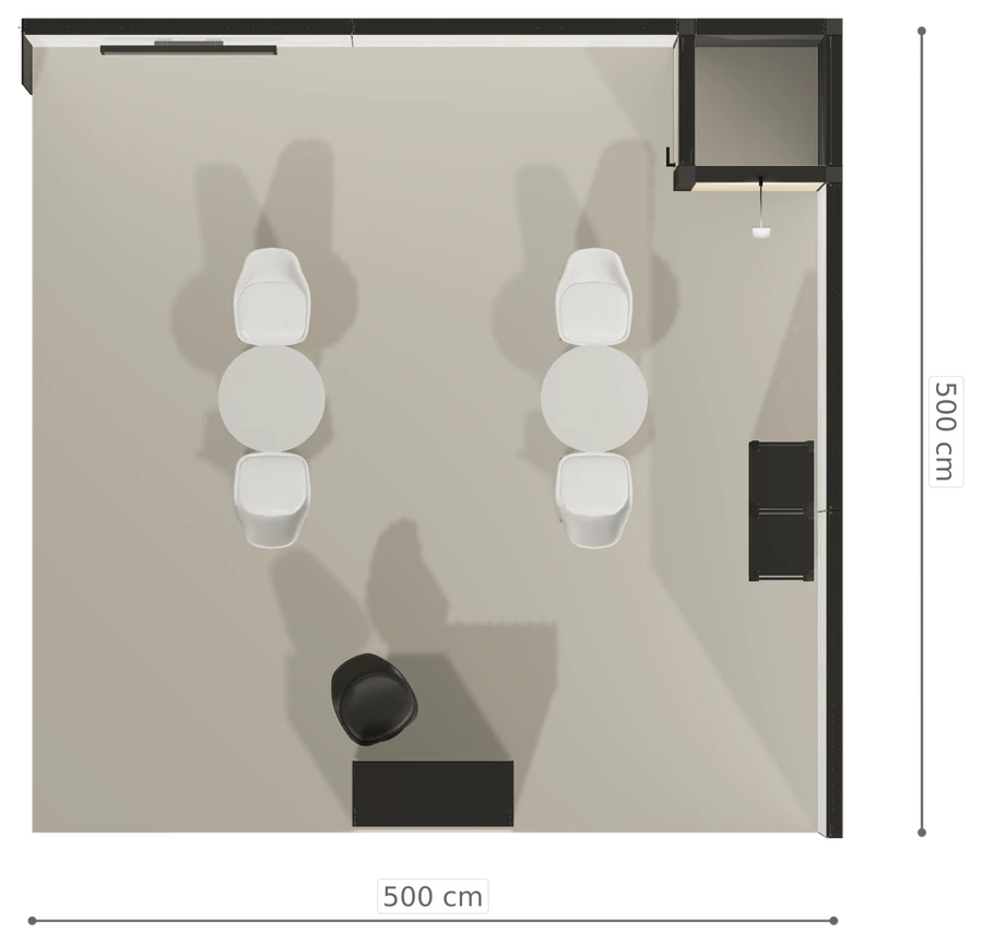 Rzut z góry stoiska stoisko narozne prawe 5x5 m100 led z zapleczem z1 r0 s0 l1 e1 p0 w0 m0 g0 a1 v2 o2