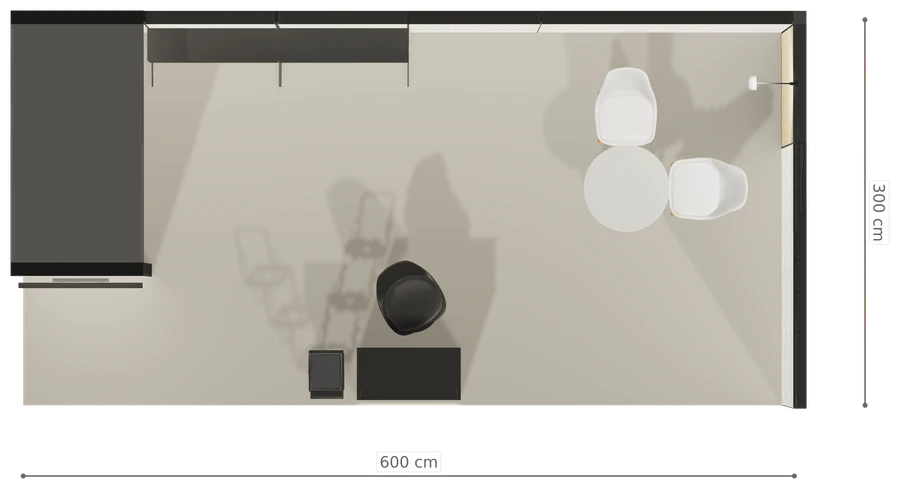 Rzut z góry stoiska stoisko narozne prawe 6x3 m100 led pelny z0 r1 s1 l1 e1 p0 w2 m0 g1 a2 v2 o3