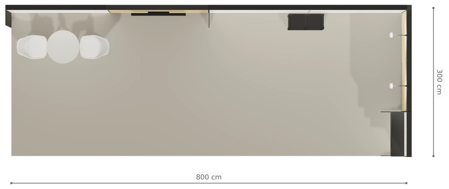 Rzut z góry stoiska stoisko narozne prawe 8x3 m100 led ekspozycyjny z0 r1 s0 l0 e1 p0 w1 m0 g0 a0 v2 o4