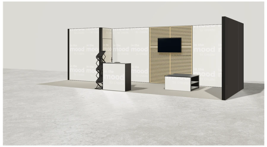 Widok prezentacyjny stoiska targowego stoisko narozne prawe 8x3 m100 led  z zapleczem z2 r0 s0 l1 e1 p0 w0 m0 g0 a0 v2a o4