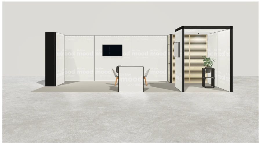 Od frontu stoiska targowego stoisko narozne prawe 8x4 m100 led pelny z1 r0 s2 l1 e1 p0 w0 m1 g2 a1 v2 o3
