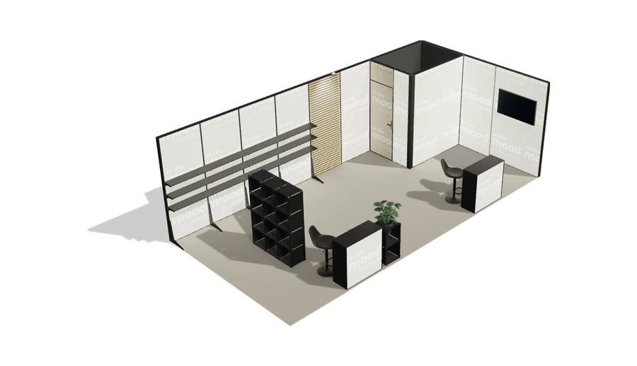 Układ z góry stoiska targowego stoisko narozne prawe 8x4 m100 led ekspozycyjny xl z2 r2 s0 l1 e1 p0 w0 m0 g0 a0 v2 o1