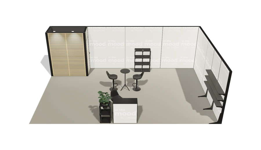 Układ z góry stoiska targowego stoisko narozne prawe 8x5 m100 led ekspozycyjny z1 r1 s0 l1 e0 p0 w0 m0 g0 a0 v2a o2