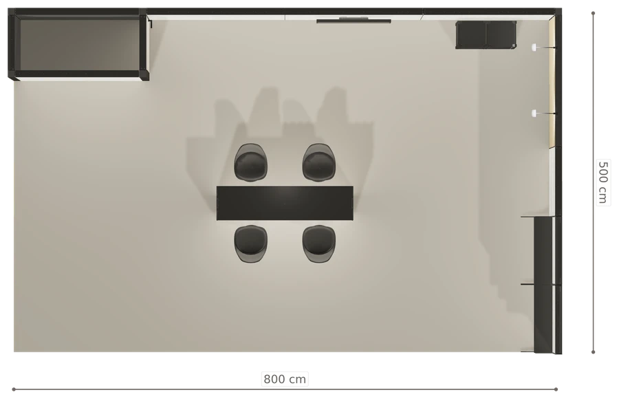 Rzut z góry stoiska stoisko narozne prawe 8x5 m100 led ekspozycyjny z1 r1 s0 l1 e1 p0 w1 m0 g0 a2 v2a o5