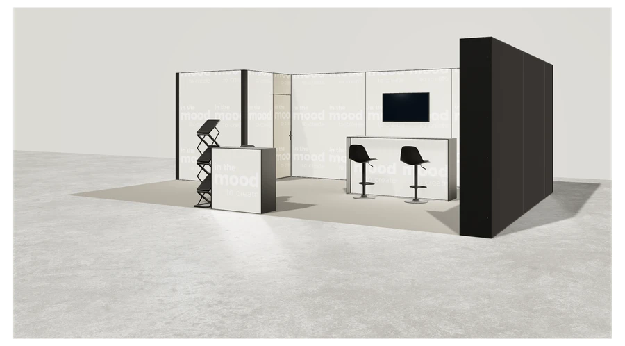 Widok prezentacyjny stoiska targowego stoisko narozne prawe 8x5 m100 led z zapleczem z2 r0 s0 l1 e1 p0 w0 m0 g0 a4 v2a o4