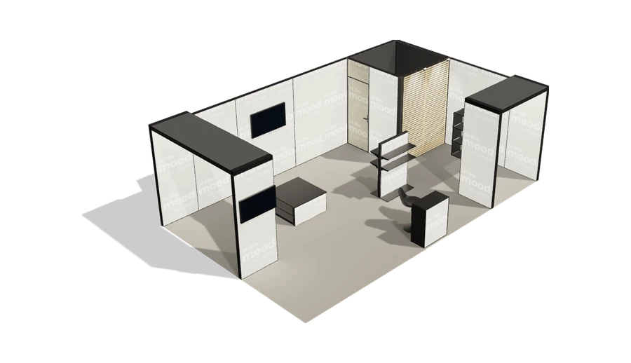 Układ z góry stoiska targowego stoisko narozne prawe 8x5 m100 led  pelny z2 r0 s2 l1 e1 p0 w0 m0 g1 a0 v2 2sufity o5