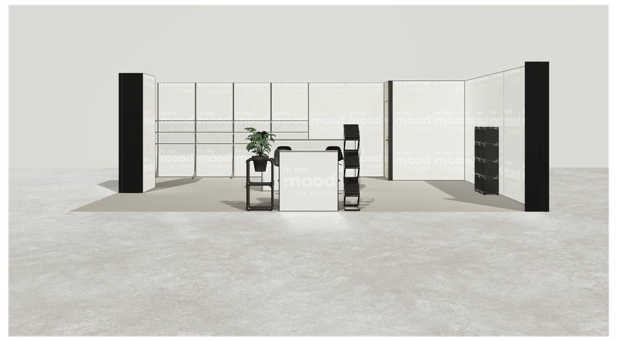 Od frontu stoiska targowego stoisko narozne prawe 8x6 m100 led  ekspozycyjny xl z1 r2 s0 l1 e0 p0 w2 m0 g0 a4 v2 o4