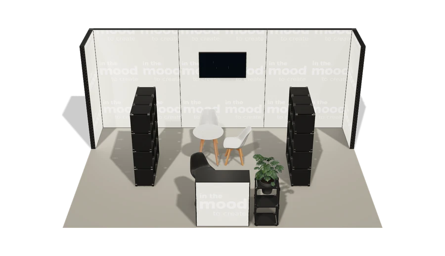 Układ z góry stoiska targowego stoisko polwyspowe 6x4 m100 led  z ekranem z0 r0 s0 l1 e1 p0 w0 m0 g0 a4 v2 o4