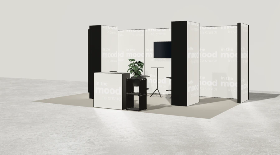 Widok prezentacyjny stoiska targowego stoisko polwyspowe 6x4 m100 led z ekranem z0 r0 s0 l1 e1 p0 w0 m0 g0 a4 v2 o5