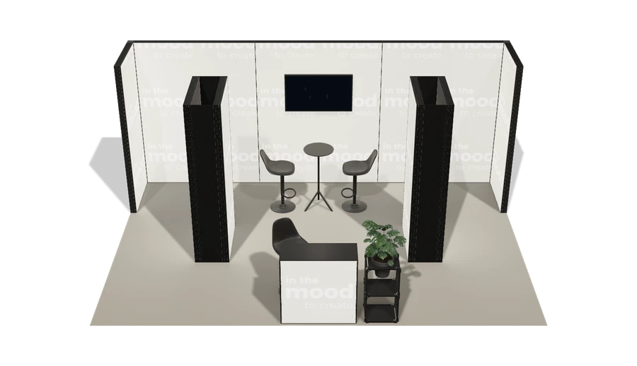 Układ z góry stoiska targowego stoisko polwyspowe 6x4 m100 led z ekranem z0 r0 s0 l1 e1 p0 w0 m0 g0 a4 v2 o5