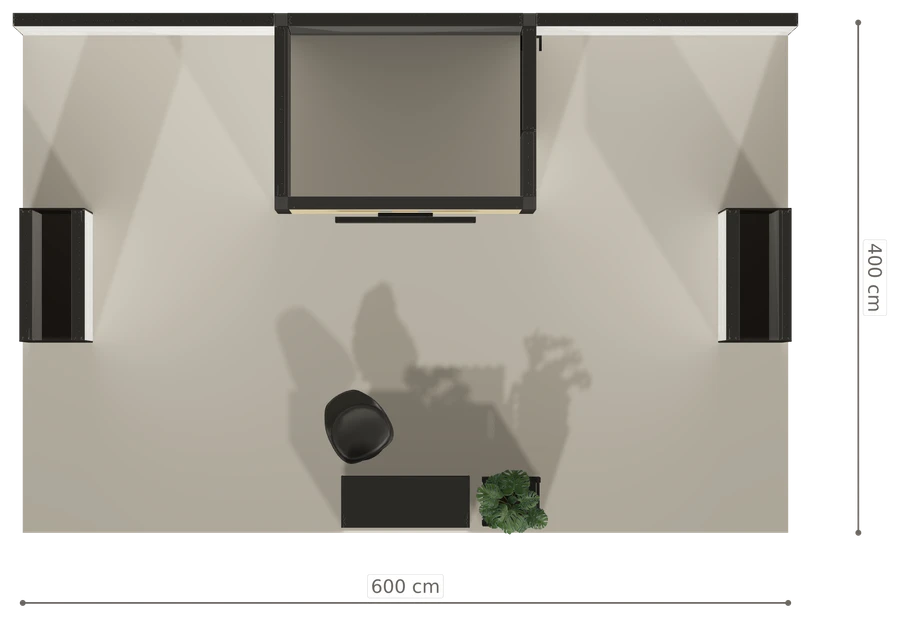 Rzut z góry stoiska stoisko polwyspowe 6x4 m100 led  z zapleczem z2 r0 s0 l1 e1 p0 w0 m0 g0 a0 v2 o5