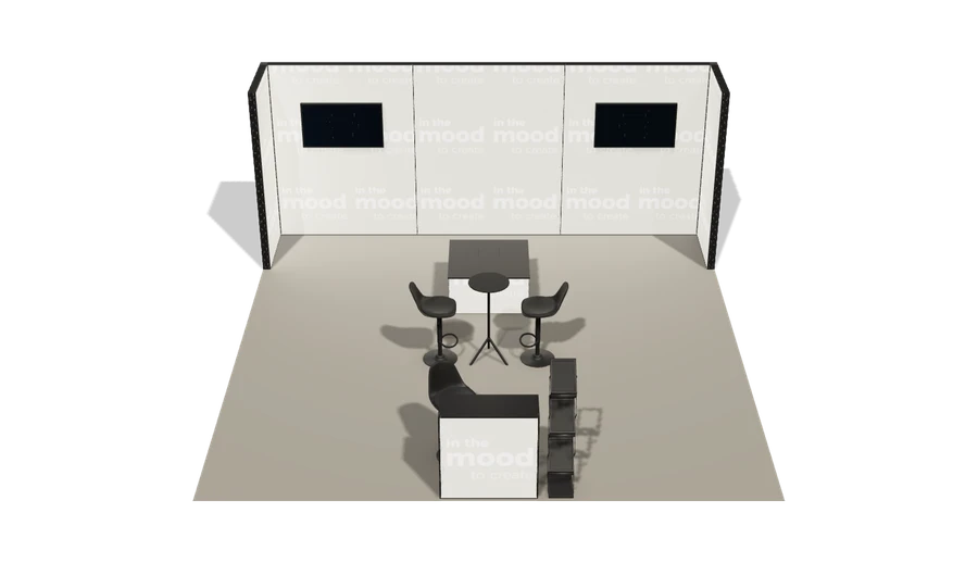Układ z góry stoiska targowego stoisko polwyspowe 6x6 m100 led z ekranem z0 r0 s0 l1 e1 p0 w0 m0 g0 a4 v2 o6