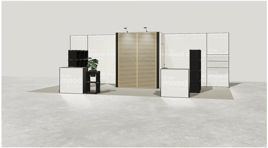 Widok prezentacyjny stoiska targowego stoisko polwyspowe 8x4 m100 led  ekspozycyjny z2 r1 s0 l1 e0 p0 w0 m0 g0 a1 v2 o5