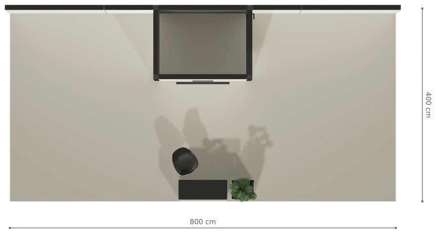 Rzut z góry stoiska stoisko polwyspowe 8x4 m100 led  z zapleczem xl z3 r0 s0 l1 e1 p0 w0 m0 g0 a4 v2 o2