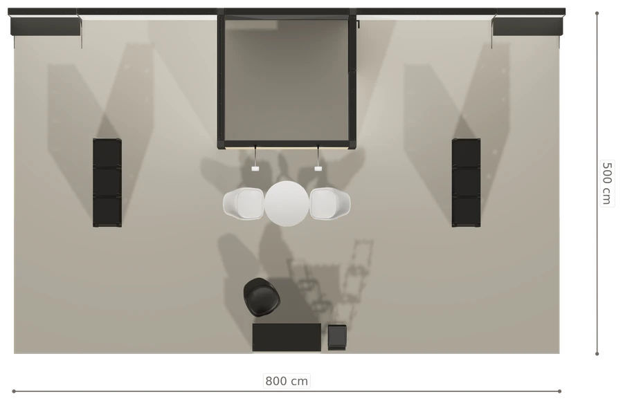 Rzut z góry stoiska stoisko polwyspowe 8x5 m100 led ekspozycyjny z3 r1 s0 l1 e0 p0 w0 m0 g0 a0 v2 o6