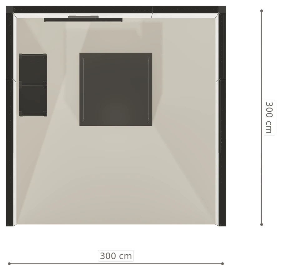 Rzut z góry stoiska stoisko szeregowe 3x3 m100 led z ekranem z0 r0 s0 l0 e1 p0 w0 m0 g0 a4 v2 o3