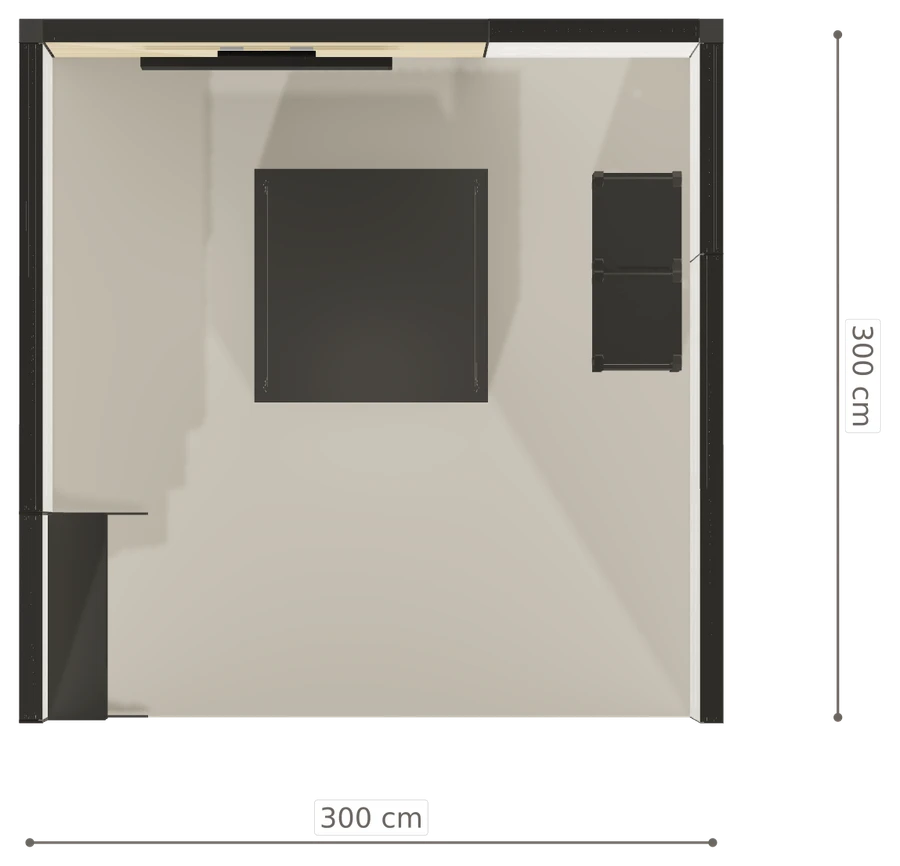Rzut z góry stoiska stoisko szeregowe 3x3 m100 led  ekspozycyjny z0 r1 s0 l0 e1 p0 w2 m0 g0 a0 v2 o2