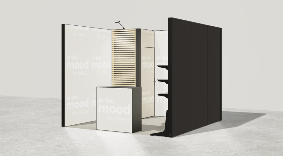 Widok prezentacyjny stoiska targowego stoisko szeregowe 3x3 m100 led ekspozycyjny z1 r1 s0 l1 e0 p0 w0 m0 g0 a1 v2 o3