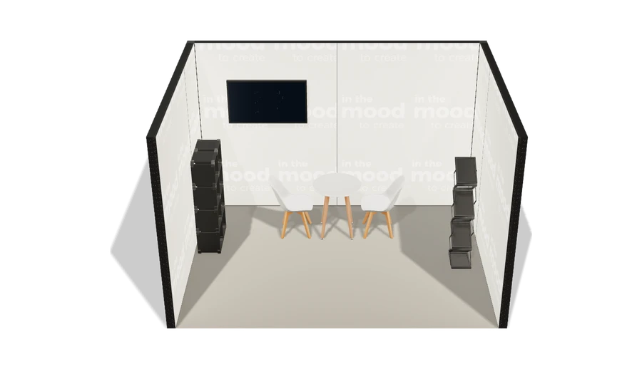Układ z góry stoiska targowego stoisko szeregowe 4x3 m100 led  z ekranem z0 r0 s0 l0 e1 p0 w0 m0 g0 a4 v2 o4