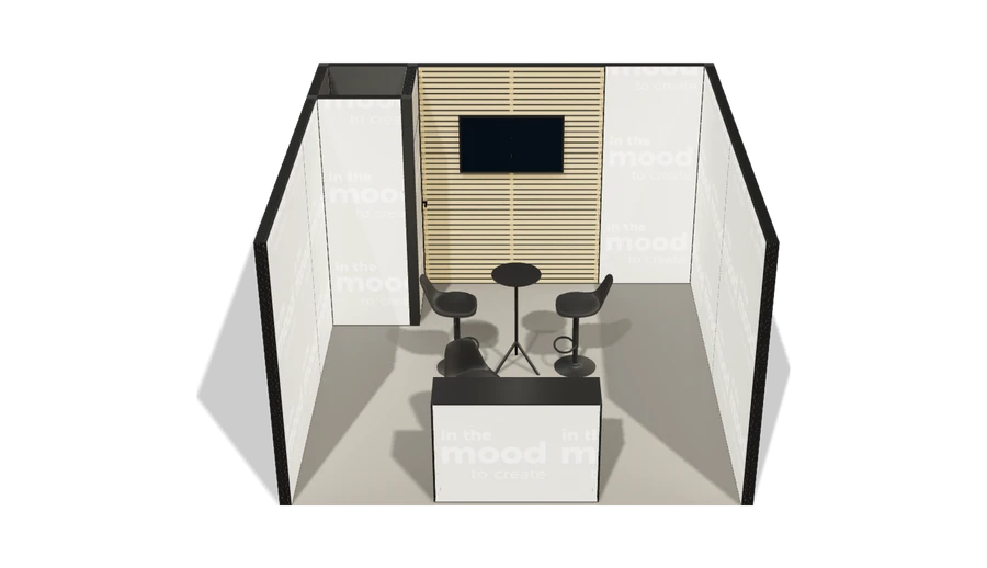 Układ z góry stoiska targowego stoisko szeregowe 4x4 m100 led  z zapleczem z1 r0 s0 l1 e1 p0 w0 m0 g0 a0 v2 o3