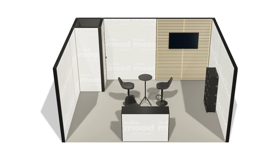 Układ z góry stoiska targowego stoisko szeregowe 5x4 m100 led z zapleczem z1 r0 s0 l1 e1 p0 w0 m0 g0 a0 v2 o4