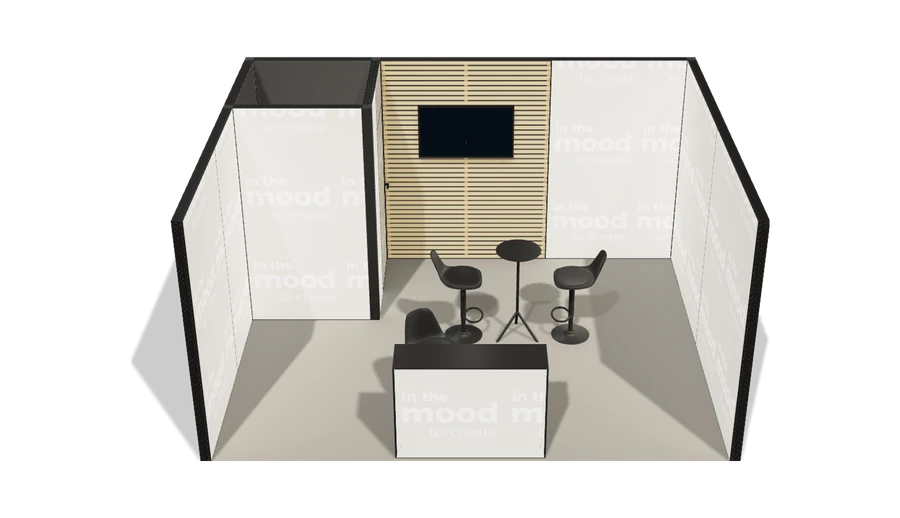 Układ z góry stoiska targowego stoisko szeregowe 5x4 m100 led  z zapleczem z2 r0 s0 l1 e1 p0 w0 m0 g0 a0 v2 o3