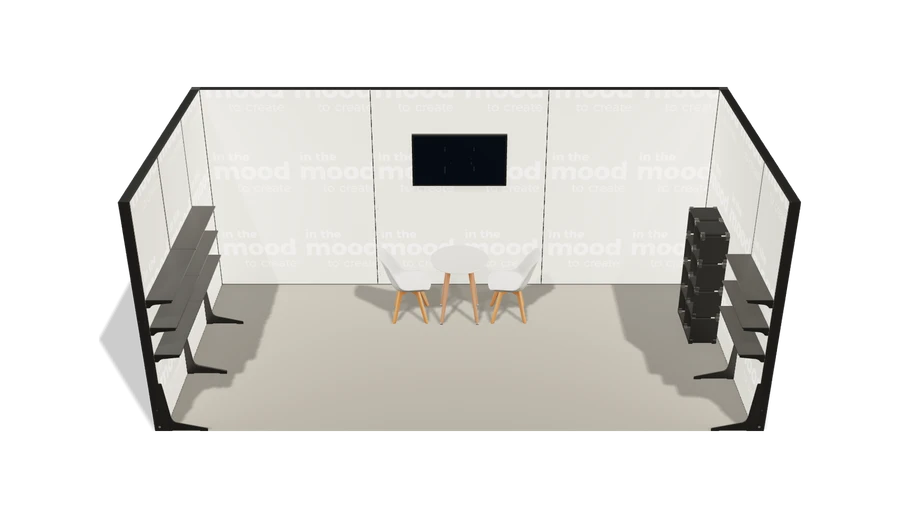 Układ z góry stoiska targowego stoisko szeregowe 6x3 m100 led ekspozycyjny z0 r1 s0 l0 e1 p0 w0 m0 g0 a4 v2 o5