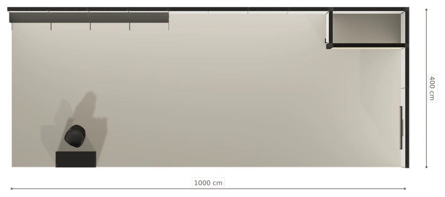 Rzut z góry stoiska stoisko narozne prawe 10x4 m100 led ekspozycyjny z2 r1 s0 l1 e1 p0 w0 m0 g0 a0