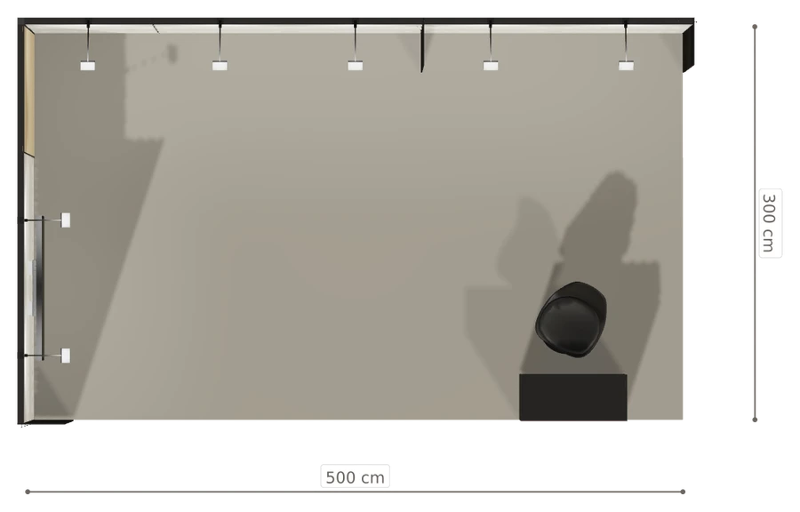 Rzut z góry stoiska stoisko narozne lewe 5x3 m50 z ekranem z0 r0 s0 l1 e1 p0 w0 m0 g0 a0