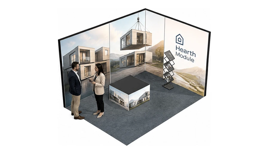 Stoisko 4 × 3 m narożne prawe dla branży domy modułowe i prefabrykacja, przykładowa marka Hearth Module