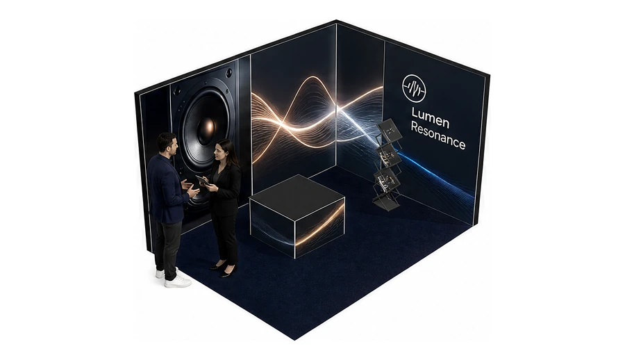 Stoisko 4 × 3 m narożne prawe dla branży sprzęt audio-video, przykładowa marka Lumen Resonance