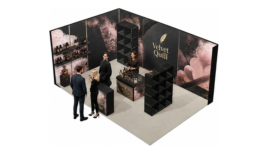 Stoisko 6 × 4 m narożne lewe dla branży perfumy, przykładowa marka Velvet Quill