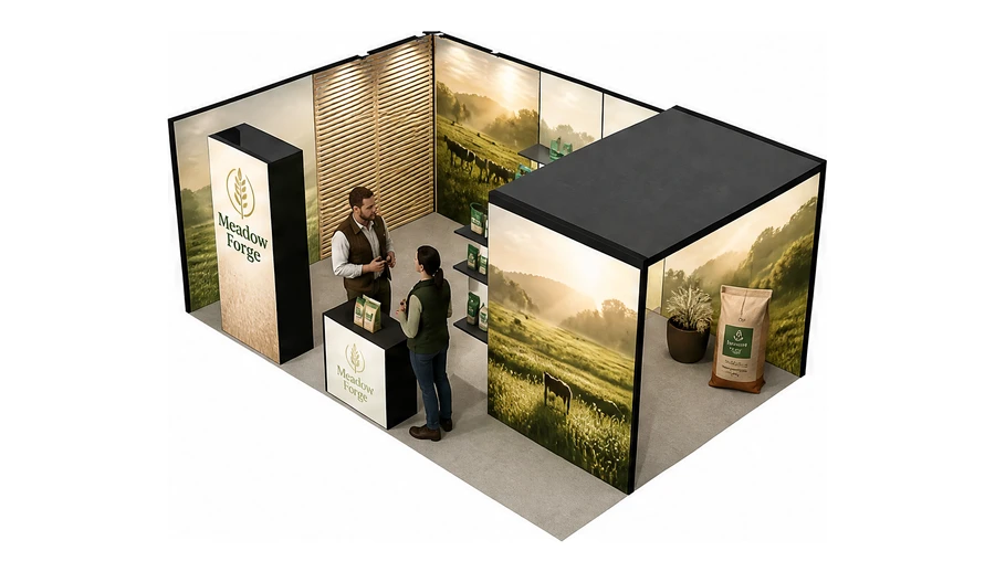 Stoisko 6 × 4 m narożne lewe dla branży hodowla i pasze, przykładowa marka Meadow Forge