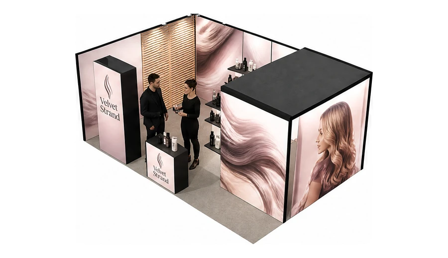 Stoisko 6 × 4 m narożne lewe dla branży fryzjerstwo i salony beauty, przykładowa marka Velvet Strand