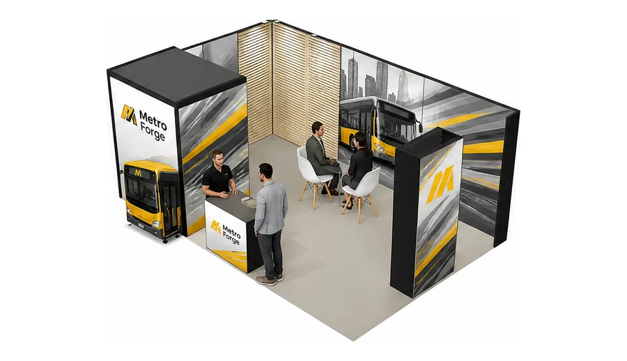 Stoisko 6 × 4 m narożne lewe dla branży autobusy i transport zbiorowy, przykładowa marka Metro Forge