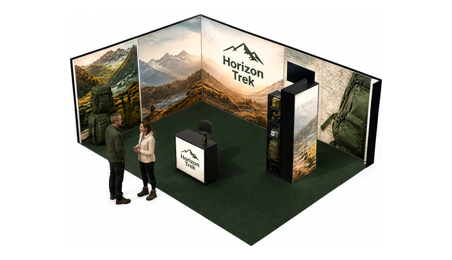 Stoisko 6 × 4 m narożne lewe dla branży odzież i sprzęt outdoorowy, przykładowa marka Horizon Trek