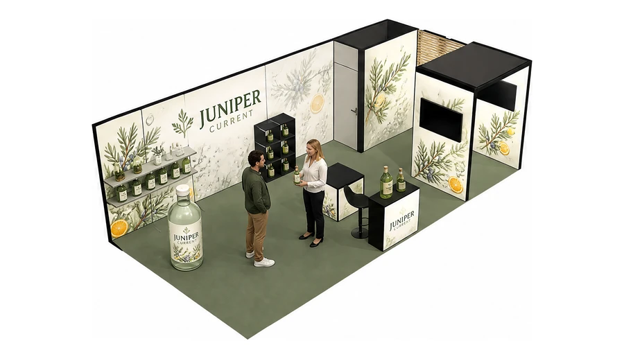 Stoisko 8 × 4 m narożne prawe dla branży napoje, przykładowa marka Juniper Current