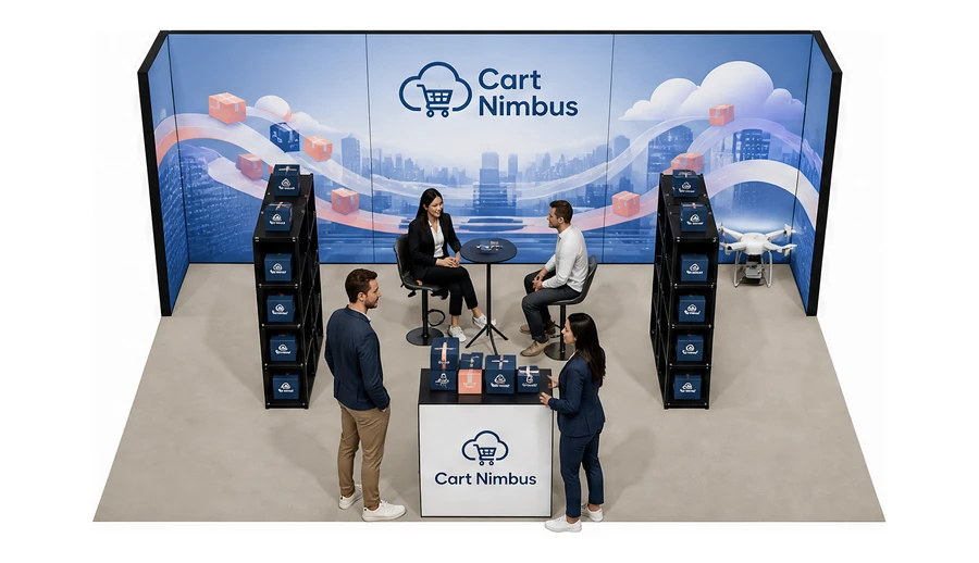 Stoisko 6 × 4 m półwyspowe dla branży e-commerce, przykładowa marka Cart Nimbus