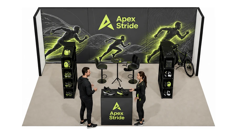 Stoisko 6 × 4 m półwyspowe dla branży sprzęt sportowy, przykładowa marka Apex Stride