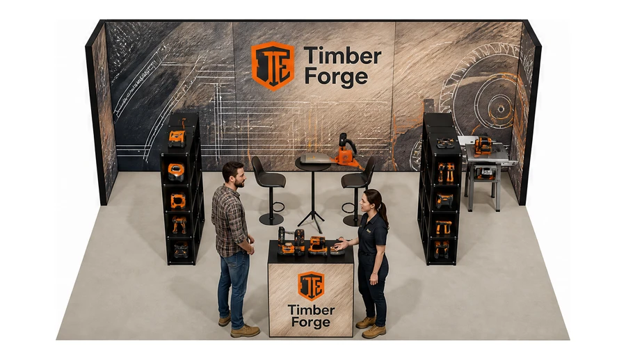 Stoisko 6 × 4 m półwyspowe dla branży maszyny do obróbki drewna, przykładowa marka Timber Forge