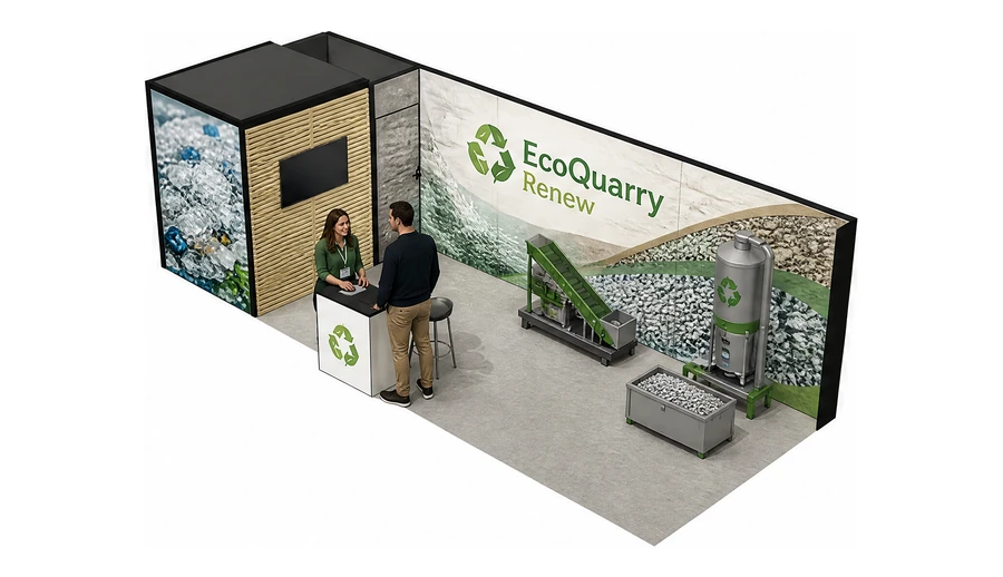 Stoisko 8 × 3 m narożne lewe dla branży recykling i ochrona środowiska, przykładowa marka EcoQuarry Renew