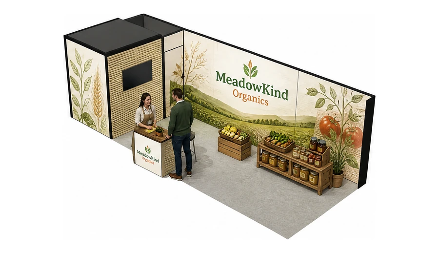 Stoisko 8 × 3 m narożne lewe dla branży żywność ekologiczna, przykładowa marka MeadowKind Organics