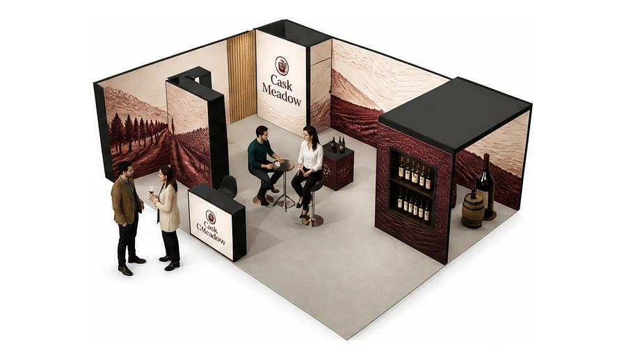 Stoisko 8 × 6 m narożne lewe dla branży winnica, przykładowa marka Cask Meadow