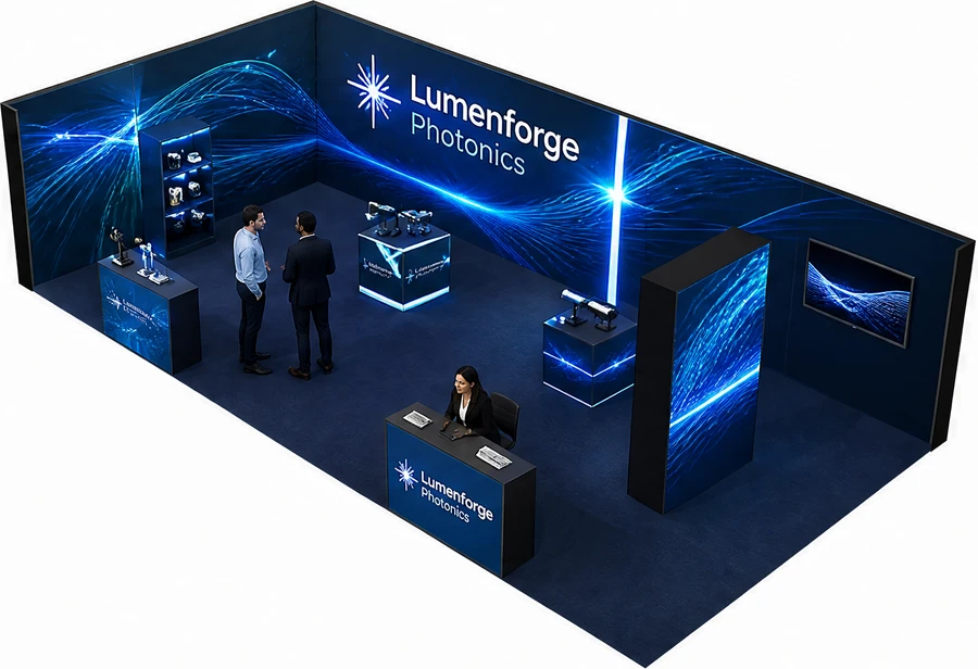 Stoisko 10 × 5 m narożne lewe dla branży technika laserowa i fotonika, przykładowa marka Lumenforge Photonics