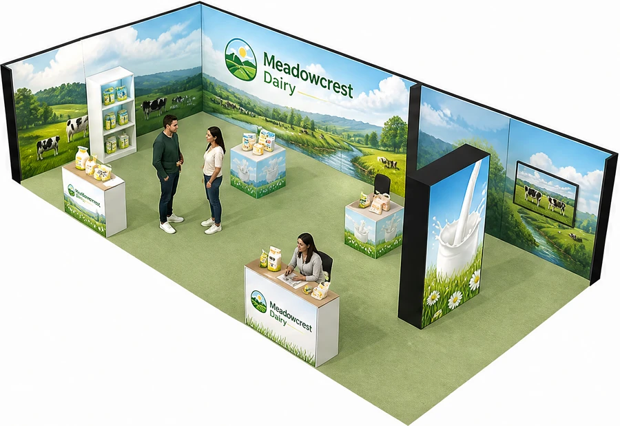 Stoisko 10 × 5 m narożne lewe dla branży nabiał i mleczarstwo, przykładowa marka Meadowcrest Dairy