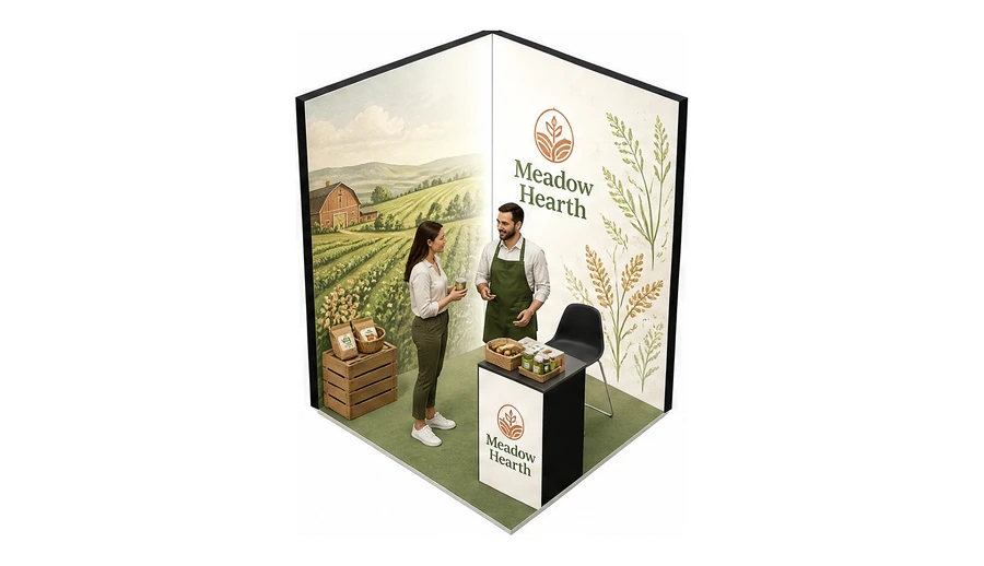 Stoisko 2 × 2 m narożne lewe dla branży żywność ekologiczna, przykładowa marka Meadow Hearth