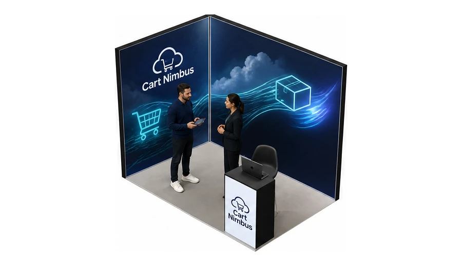 Stoisko 3 × 2 m narożne lewe dla branży e-commerce, przykładowa marka Cart Nimbus