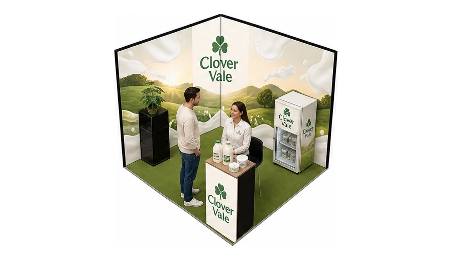 Stoisko 3 × 3 m narożne lewe dla branży nabiał i mleczarstwo, przykładowa marka Clover Vale