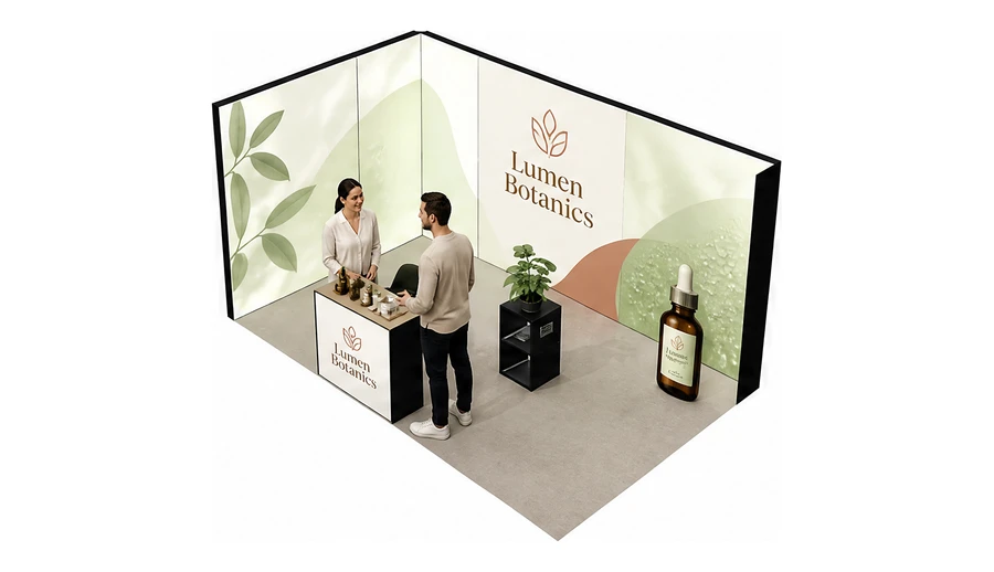 Stoisko 5 × 3 m narożne lewe dla branży kosmetyki naturalne, przykładowa marka Lumen Botanics